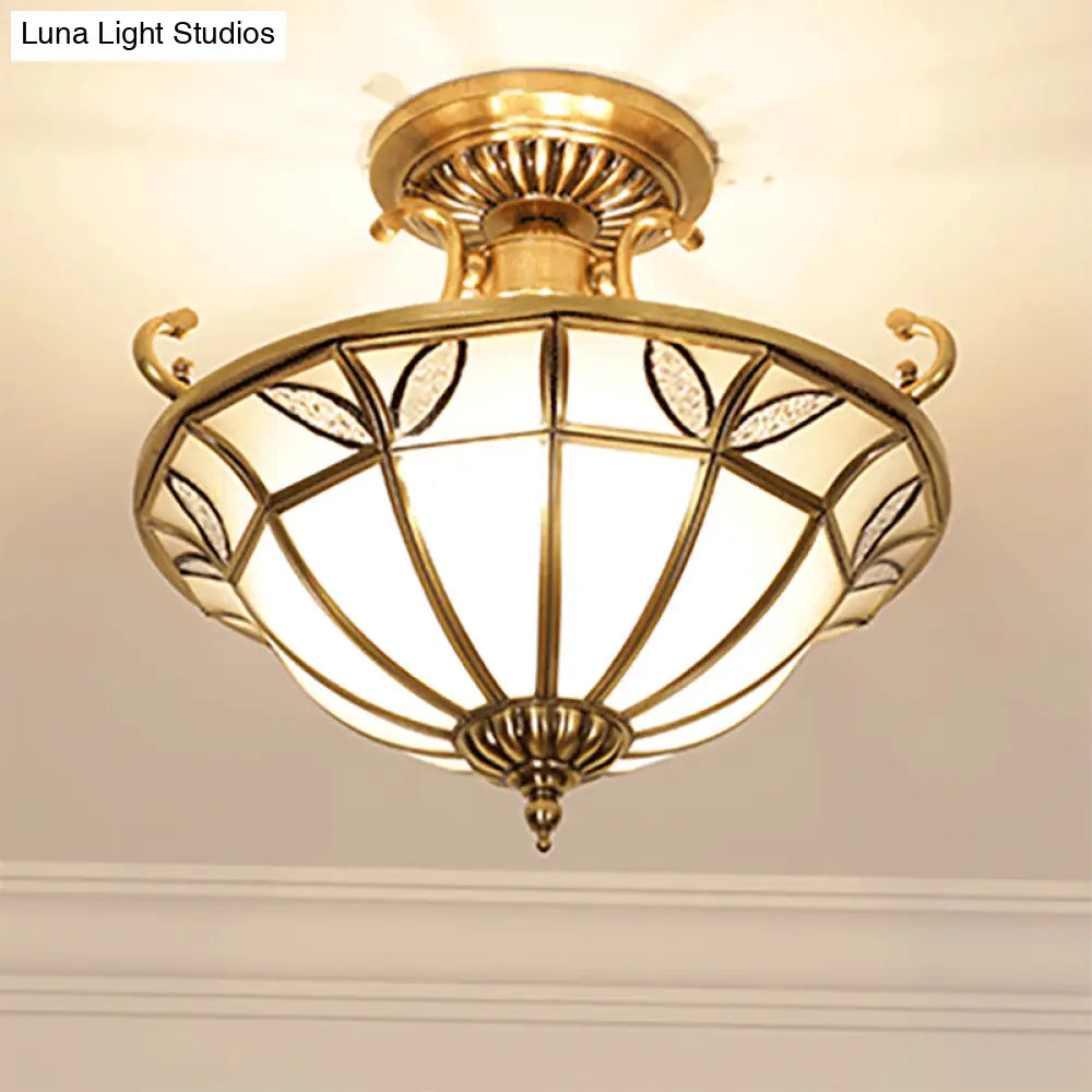 DecorBites™ Brass 3-Head Colonial Semi Flush Light with Sandblasted Glass Dome - Porch Ceiling Fixture