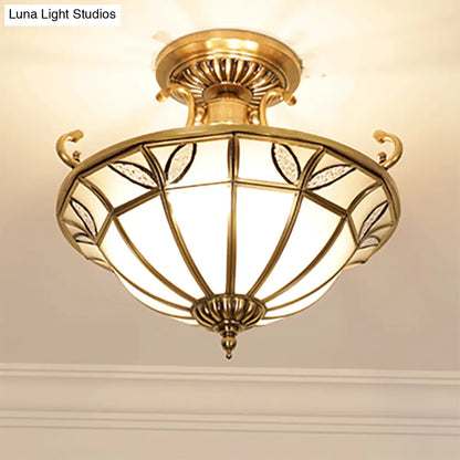 DecorBites™ Brass 3-Head Colonial Semi Flush Light with Sandblasted Glass Dome - Porch Ceiling Fixture