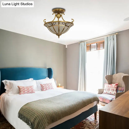 DecorBites™ Brass 3-Head Colonial Semi Flush Light with Sandblasted Glass Dome - Porch Ceiling Fixture