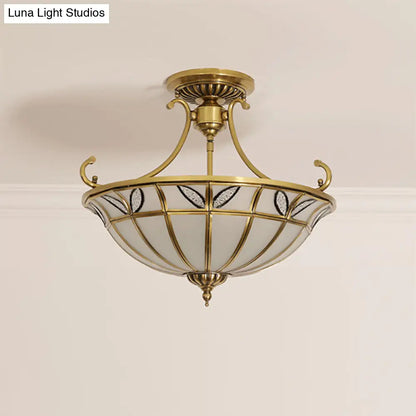 DecorBites™ Brass 3-Head Colonial Semi Flush Light with Sandblasted Glass Dome - Porch Ceiling Fixture
