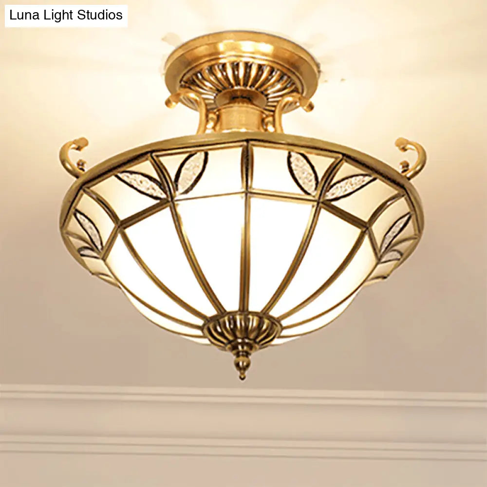 DecorBites™ Brass 3-Head Colonial Semi Flush Light with Sandblasted Glass Dome - Porch Ceiling Fixture