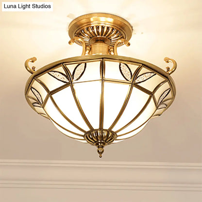 DecorBites™ Brass 3-Head Colonial Semi Flush Light with Sandblasted Glass Dome - Porch Ceiling Fixture
