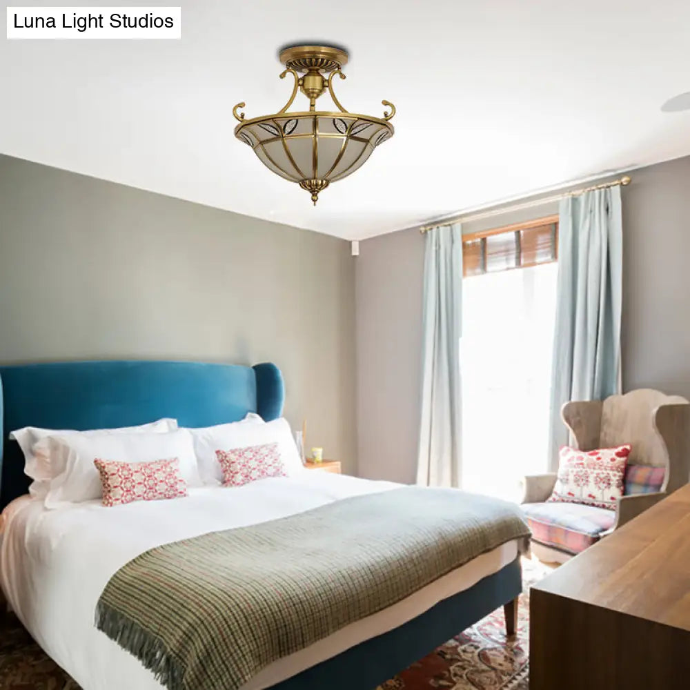 DecorBites™ Brass 3-Head Colonial Semi Flush Light with Sandblasted Glass Dome - Porch Ceiling Fixture