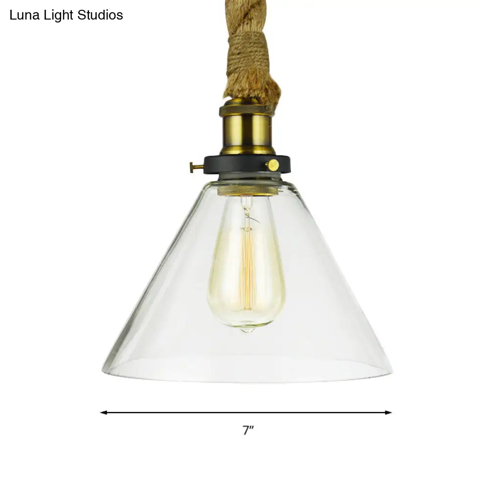 Brass Adjustable Rope Cone Pendant Light with Clear Glass - Industrial Style