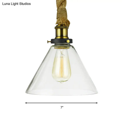 Brass Adjustable Rope Cone Pendant Light with Clear Glass - Industrial Style