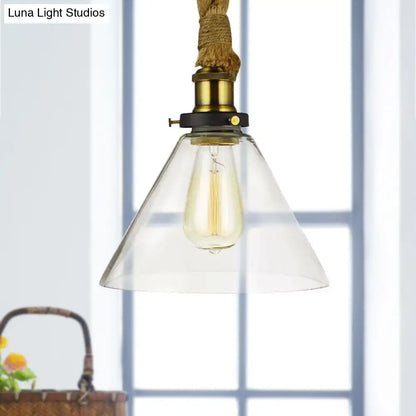 Brass Adjustable Rope Cone Pendant Light with Clear Glass - Industrial Style