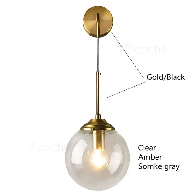 Gold and black modern brass amber glass ball wall light with clear glass globe and amber bulb for bedroom and living room decorbites glass ball