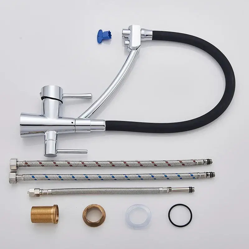 Chrome finished brass and black dual spout kitchen faucet with dual handles and black flexible hose by decorbites