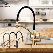 Brass and black decorbites dual spout kitchen faucet with dual handles and flexible black hose in brass finish