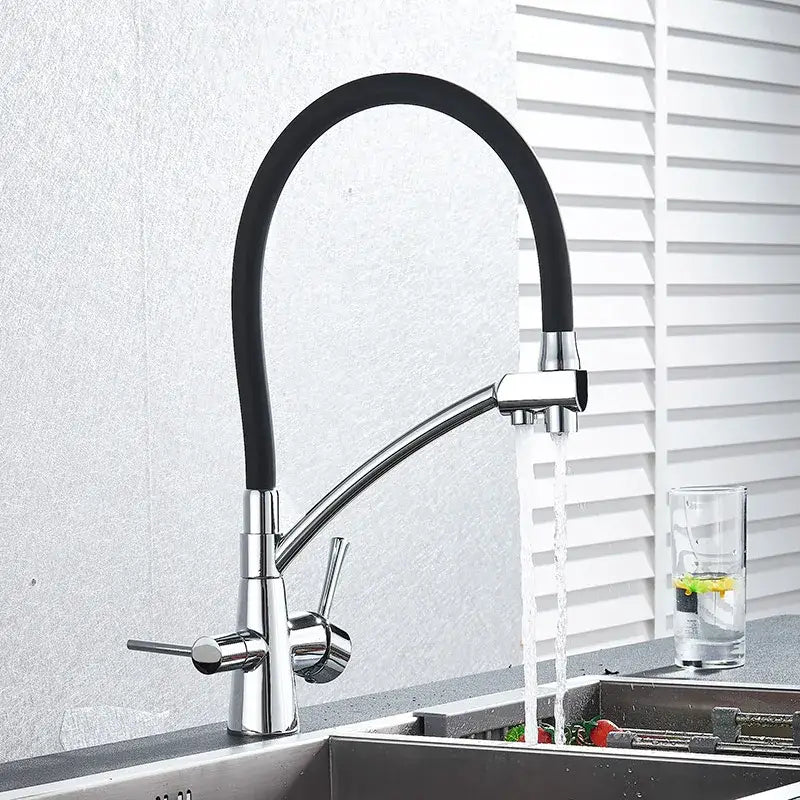 Brass and black dual spout kitchen faucet with chrome finish flexible hose and dual handles for decorbites dual spout
