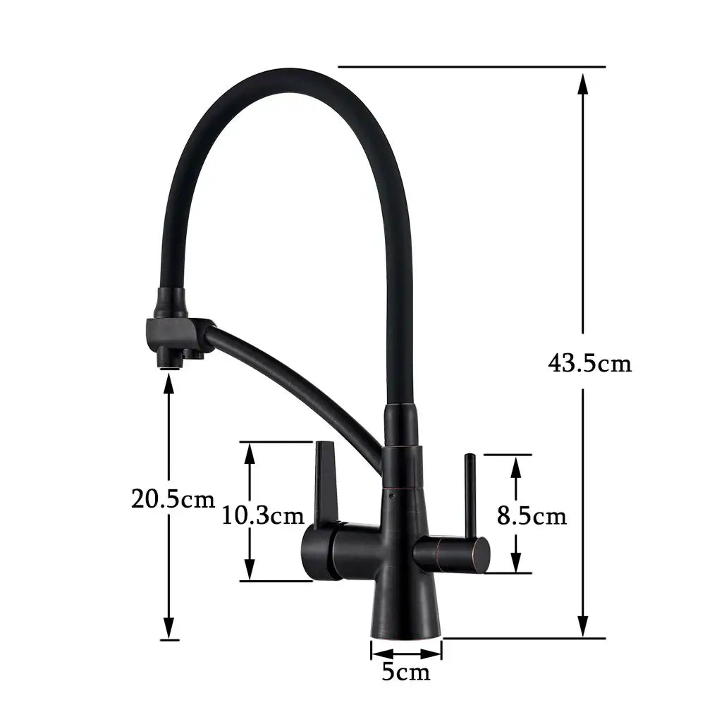 Black matte brass kitchen faucet with flexible gooseneck spout and dual handles decorbites dual spout design
