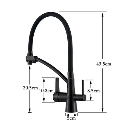 Black matte brass kitchen faucet with flexible gooseneck spout and dual handles decorbites dual spout design