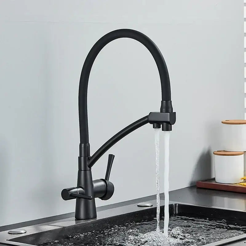 Black matte finish brass and black dual spout kitchen faucet with flexible curved spout and dual handles decorbites dual spout