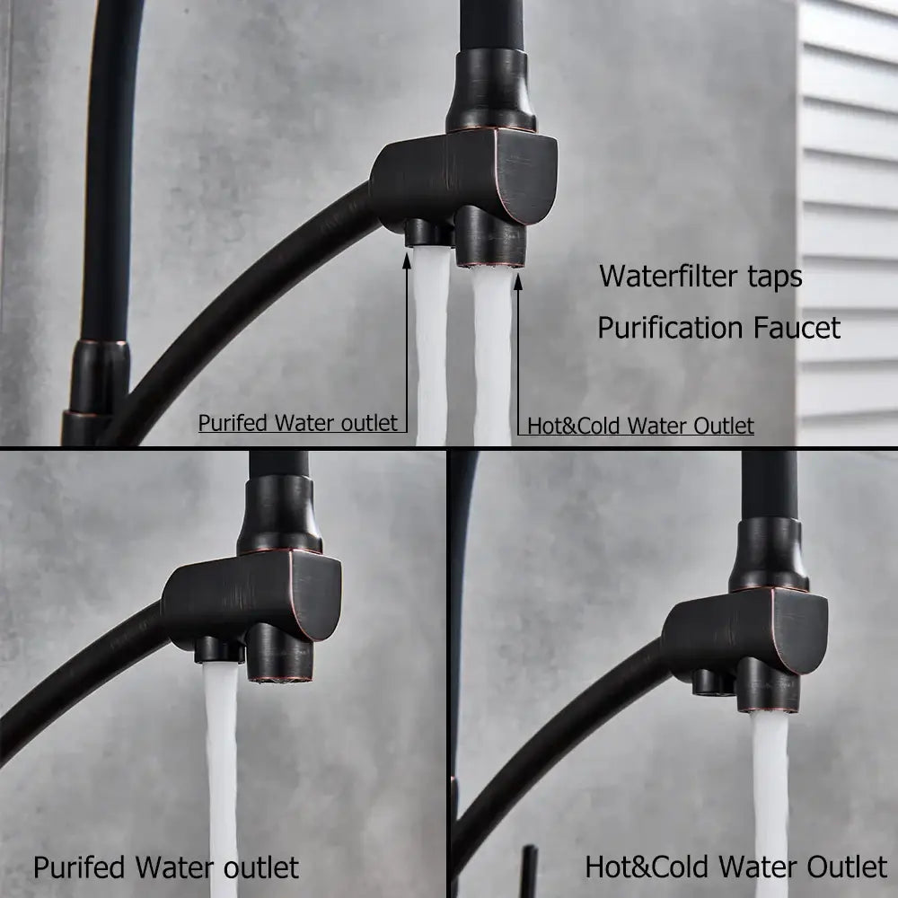 Black matte brass kitchen faucet with dual handles and decorbites dual spout for purified and hot cold water use
