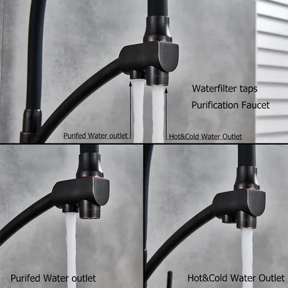 Black matte brass kitchen faucet with dual handles and decorbites dual spout for purified and hot cold water use