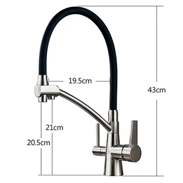 Modern brass and black dual spout kitchen faucet with dual handles and sleek stainless steel flexible hose by decorbites