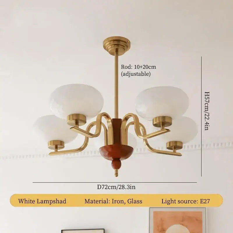 Brass and wood glass pendant chandelier with five cream glass lampshades for dining room decorbites cream glass