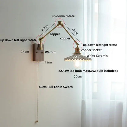 Adjustable copper-arm wall light with white ceramic shade and walnut mounting plate for decorbites ceramic led wall use