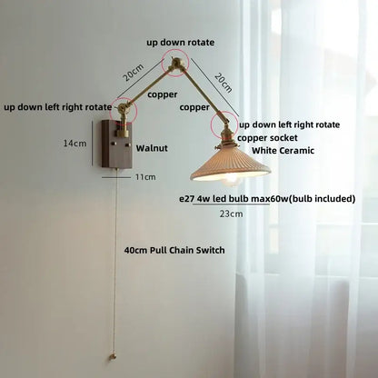 Copper adjustable wall light with white ceramic led lampshade and walnut mount for decorbites ceramic led wall use