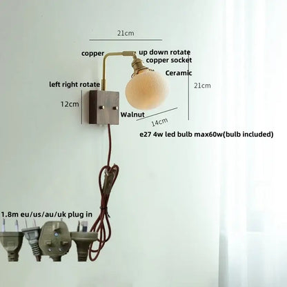 Adjustable copper wall light with ceramic led globe shade and walnut-finished mounting plate for bedroom decorbites ceramic led wall