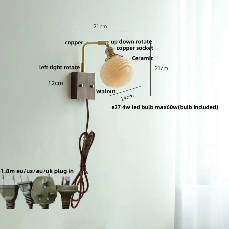 Adjustable copper wall light with ceramic led globe shade and walnut-finished mounting plate for bedroom decorbites ceramic led wall