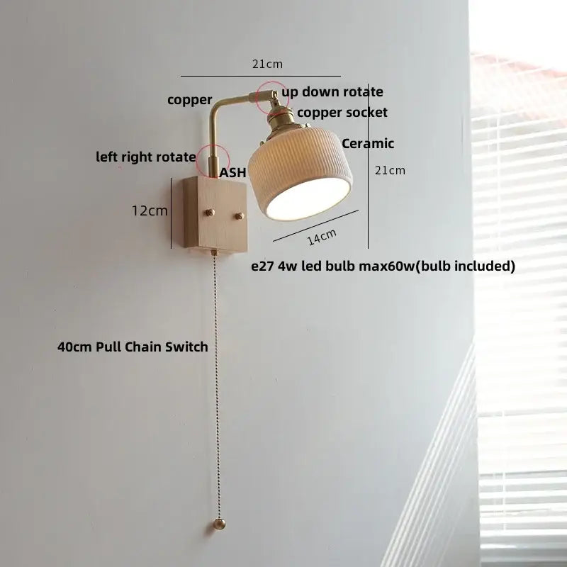 Copper-finished brass and walnut ceramic led wall light with adjustable arm and ceramic lampshade by decorbites ceramic led wall