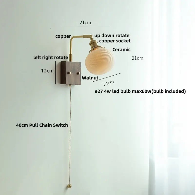 Copper-finished adjustable brass and walnut ceramic led wall light with textured globe for bedroom decorbites ceramic led wall
