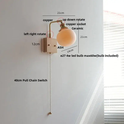 Copper-finished brass and walnut ceramic led wall light with globe shade and adjustable pull chain switch for decorbites ceramic led wall