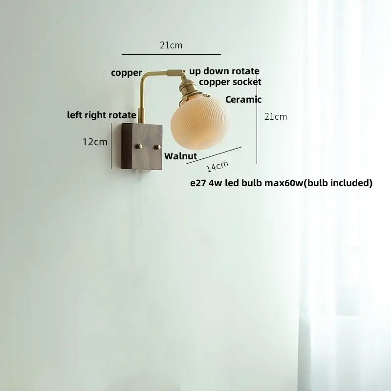 Copper-finished wall light with ribbed ceramic led globe and walnut mounting plate for decorbites ceramic led wall use