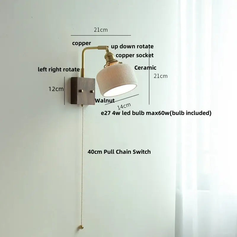 Copper-finished brass and walnut ceramic led wall light with ceramic lampshade and walnut mounting plate for bedroom decorbites ceramic led wall