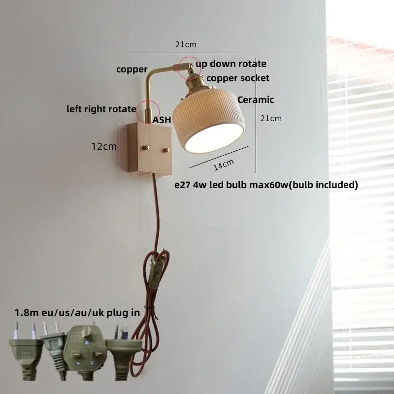 Copper-finished brass and walnut ceramic led wall light with ribbed ceramic shade and adjustable arms for bedroom decorbites ceramic led