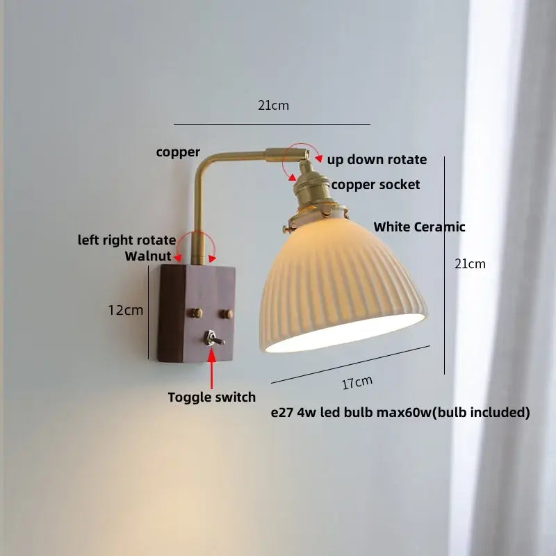 Copper-arm wall light with walnut ceramic led mounting plate and white ribbed ceramic led wall shade by decorbites