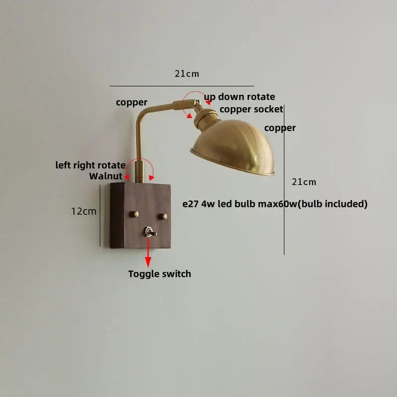 Brass and walnut ceramic led wall light bedroom sconce with brass-finished copper adjustable arm and walnut wood base