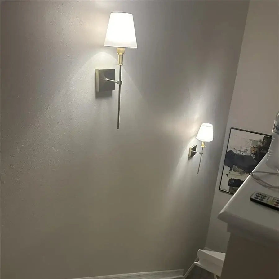 Modern brass and white cloth lampshade wall sconce with fabric shade and metal arm for bathroom mirror decorbites cloth lampshade