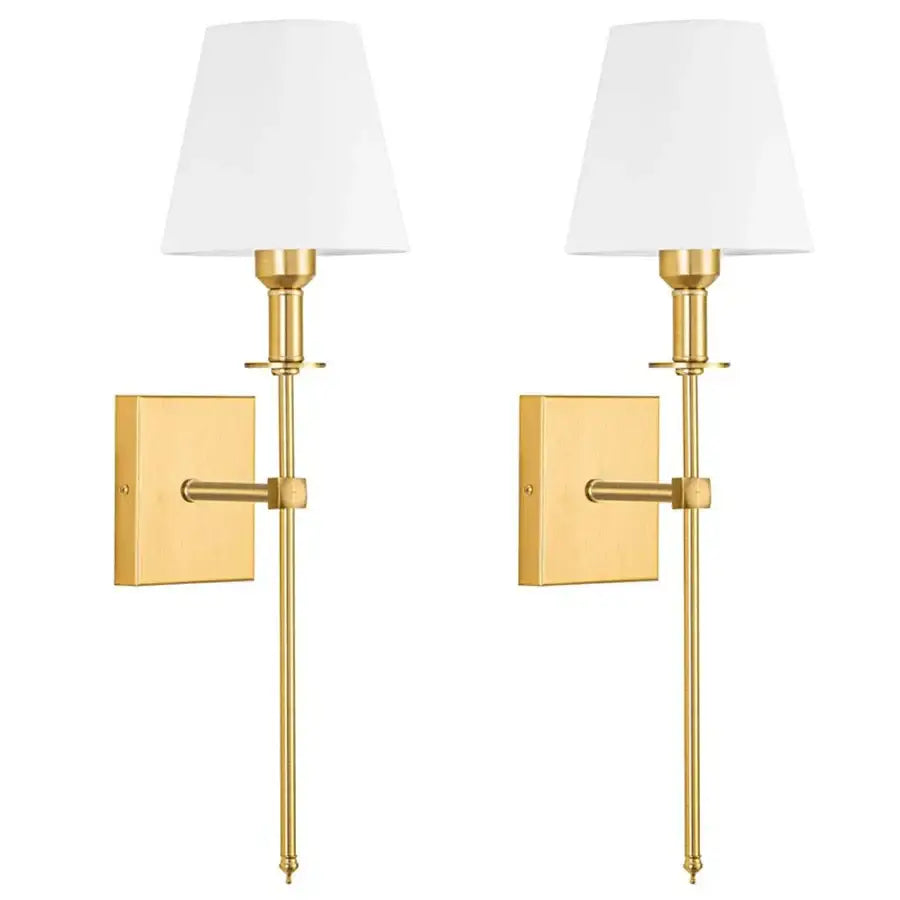 Pair of brass-finished wall sconces with white decorbites cloth lampshade wall design for bathroom mirror decor