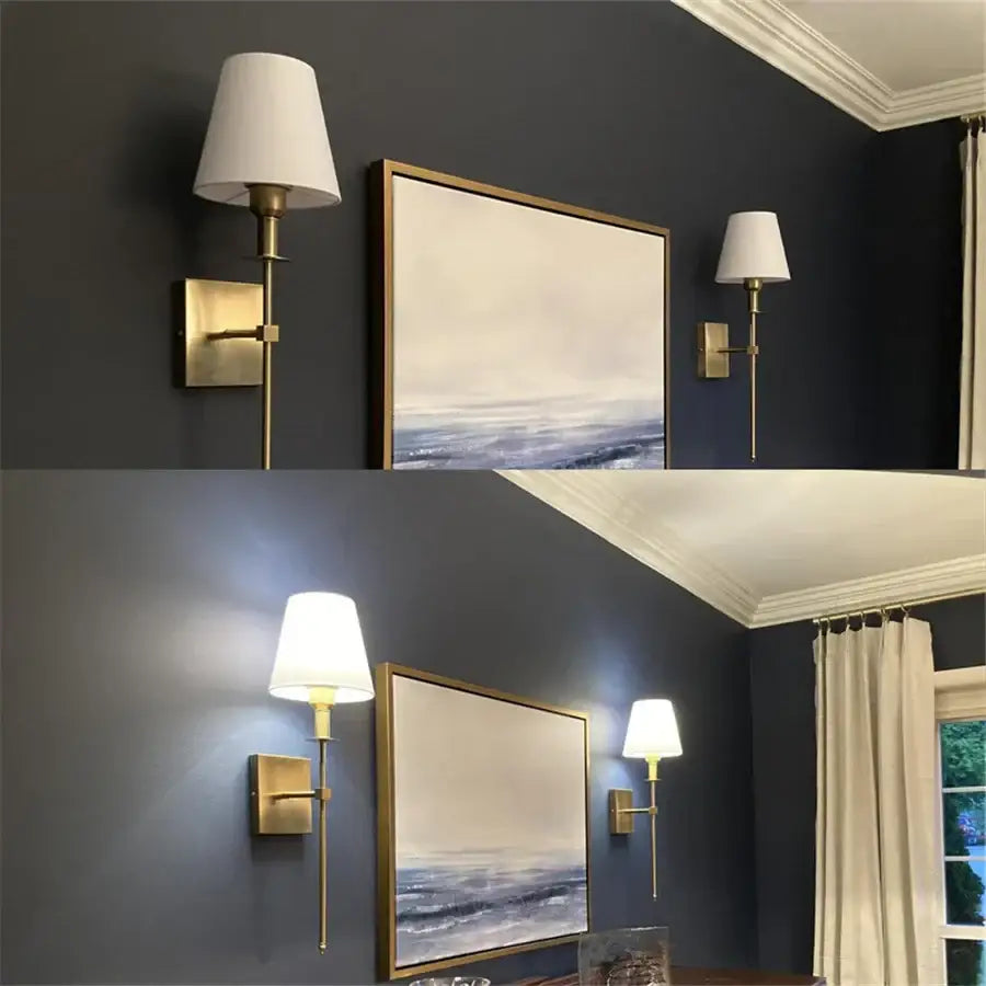 Brass and white cloth lampshade wall sconce pair with gold-toned finish for bathroom mirror decorbites cloth lampshade