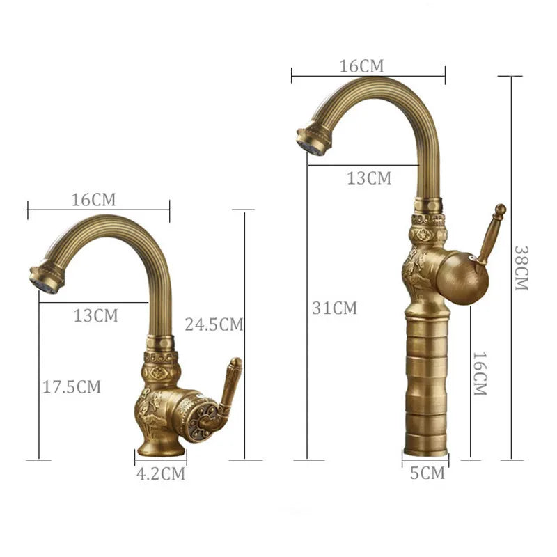 Brass antique bathroom sink faucet with an antique brass finish, ornate detailing, and a curved spout