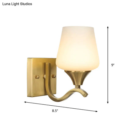 Brass Antique Wall Lamp Fixture with Frosted White Glass Tulip Shade - 1-Light Wall Mount Light