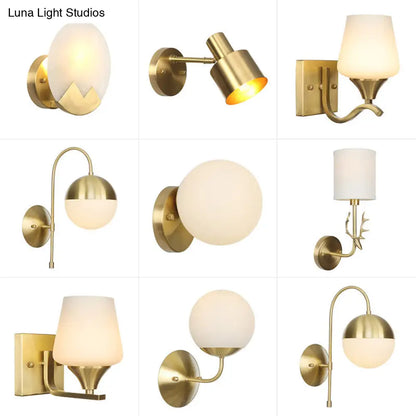 Brass Antique Wall Lamp Fixture with Frosted White Glass Tulip Shade - 1-Light Wall Mount Light
