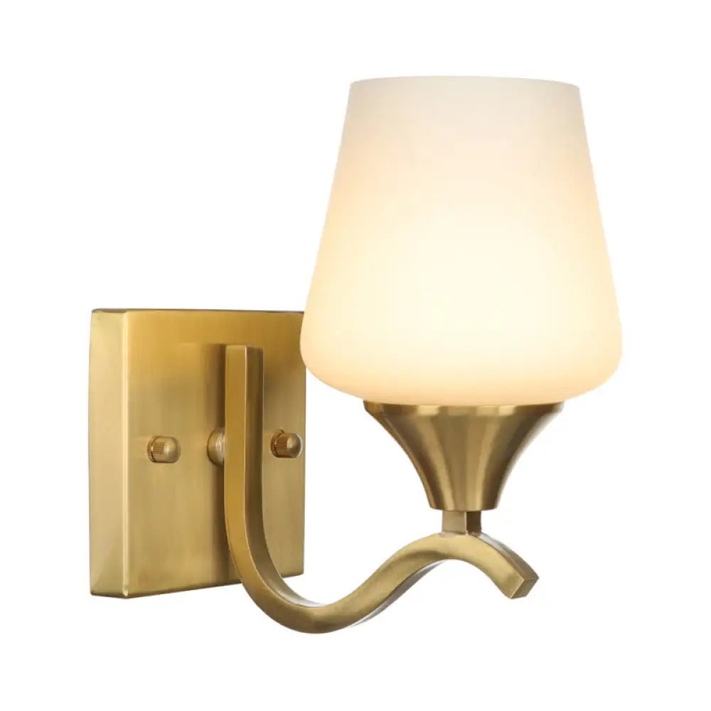 Brass Antique Wall Lamp Fixture with Frosted White Glass Tulip Shade - 1-Light Wall Mount Light