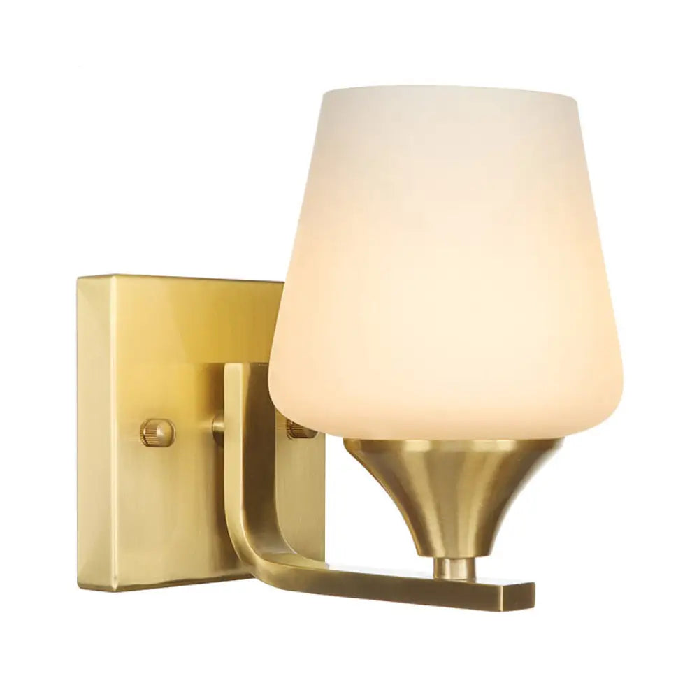 Brass Antique Wall Lamp Fixture with Frosted White Glass Tulip Shade - 1-Light Wall Mount Light