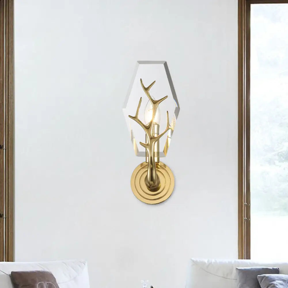 DecorBites™ Brass Antler Arm Wall Sconce with Crystal Panel, Modern Design & 1-Bulb Wall Mount Lighting