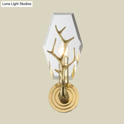 DecorBites™ Brass Antler Arm Wall Sconce with Crystal Panel, Modern Design & 1-Bulb Wall Mount Lighting