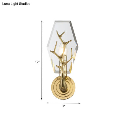 DecorBites™ Brass Antler Arm Wall Sconce with Crystal Panel, Modern Design & 1-Bulb Wall Mount Lighting
