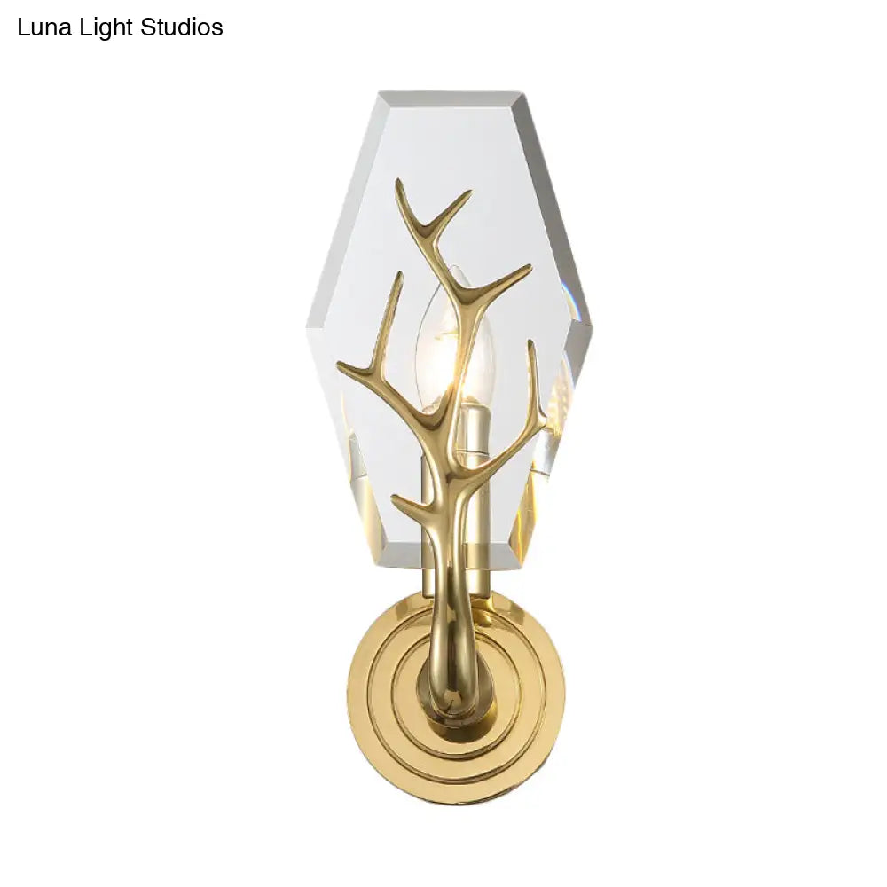 DecorBites™ Brass Antler Arm Wall Sconce with Crystal Panel, Modern Design & 1-Bulb Wall Mount Lighting