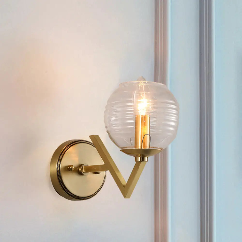 DecorBites™ Brass Ball Sconce Light with Ribbed Glass Shade - Simple Wall Mount Lamp