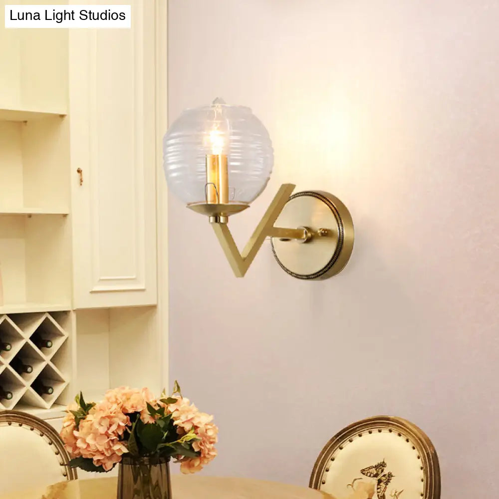 DecorBites™ Brass Ball Sconce Light with Ribbed Glass Shade - Simple Wall Mount Lamp