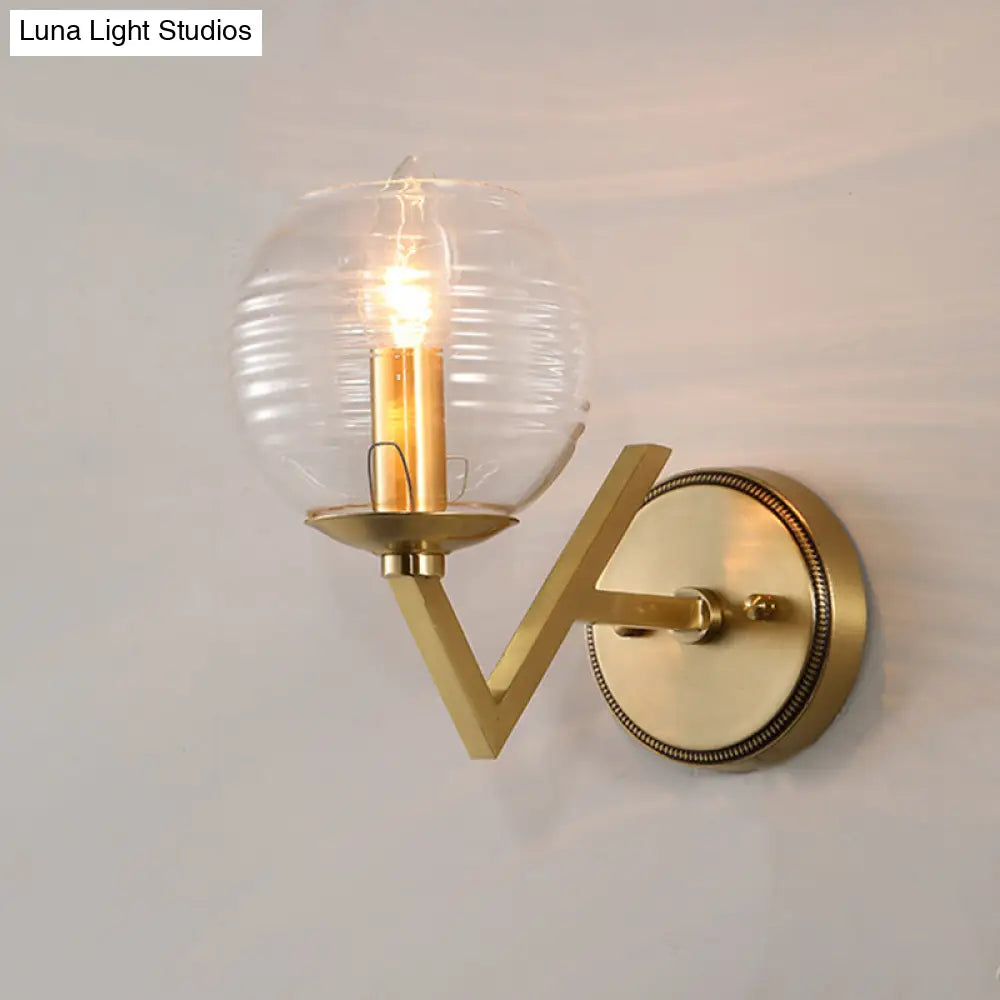 DecorBites™ Brass Ball Sconce Light with Ribbed Glass Shade - Simple Wall Mount Lamp