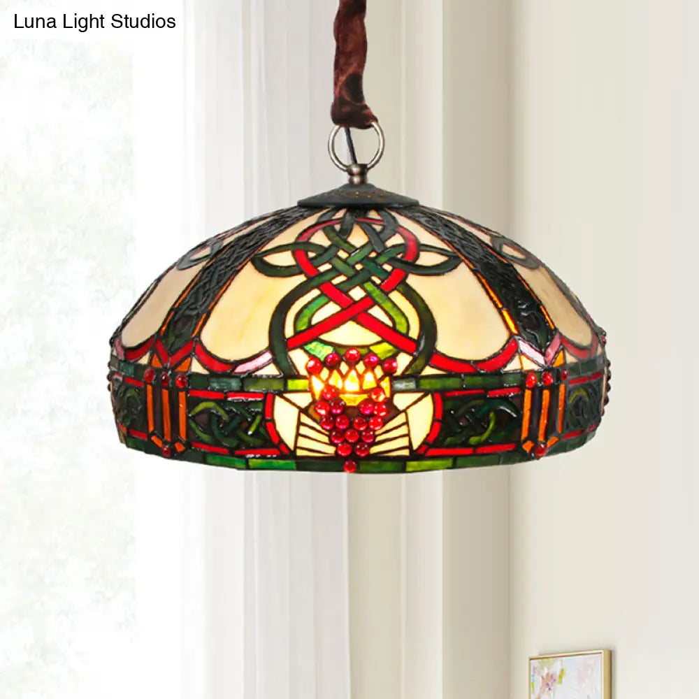 Brass Barn Chandelier with Stained Glass Down Lighting and Jewel Deco - Baroque Style