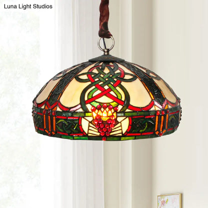 Brass Barn Chandelier with Stained Glass Down Lighting and Jewel Deco - Baroque Style